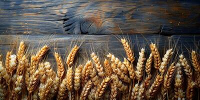 AI generated Wooden background with ears of grain, eco background photo