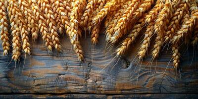 AI generated Wooden background with ears of grain, eco background photo