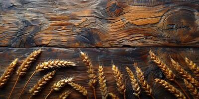 AI generated Wooden background with ears of grain, eco background photo