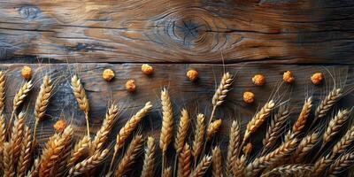 AI generated Wooden background with ears of grain, eco background photo