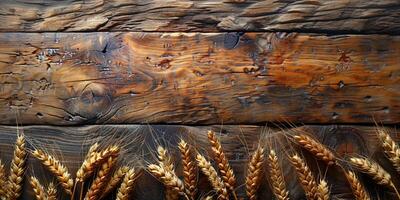 AI generated Wooden background with ears of grain, eco background photo