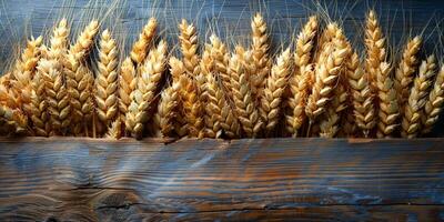 AI generated Wooden background with ears of grain, eco background photo