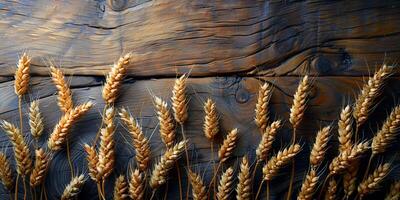 AI generated Wooden background with ears of grain, eco background photo