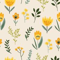 Seamless pattern with yellow flowers and leaves. vector