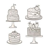 Set of cute hand drawn cakes, linear illustration. vector