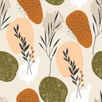 seamless pattern with hand drawn leaves and branches and colorful background. illustration in boho style. vector