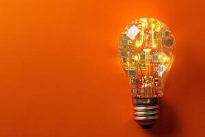 tech light bulb on an orange background idea concept photo