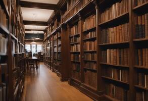 ai generado un pasillo de un tradicional biblioteca lleno con libros foto