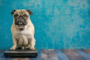 AI generated obese grumpy dog sat on a scale photo