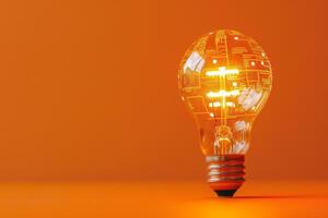 tech light bulb on an orange background idea concept photo