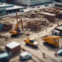 AI generated construction site with tilt shift effects photo