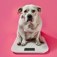 AI generated obese grumpy dog sat on a scale photo