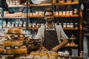 a small retail worker smiling blurred aisle background photo