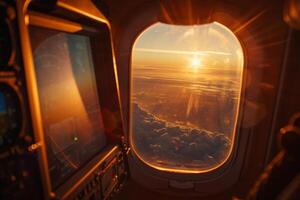 avión ventana desde dentro durante puesta de sol foto