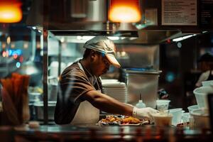rápido comida restaurante trabajador a un comercial cocina foto
