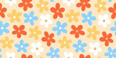 Abstract seamless pattern with vintage groovy daisy flowers. design y2k. 60s, 70s, 80s style vector