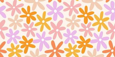 Abstract seamless pattern with vintage groovy daisy flowers. design y2k. 60s, 70s, 80s style vector