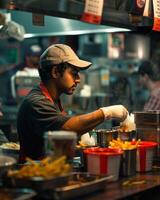 rápido comida trabajador a su trabajo estación foto