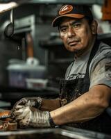 rápido comida trabajador a su trabajo estación foto