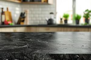 vacío mármol mesa tablero y desenfocado moderno cocina antecedentes. producto monitor concepto foto