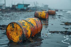 Oil barrel floating in icy water photo