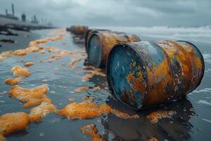 Oil barrel floating in icy water photo