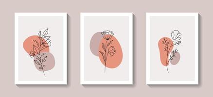 Botanical wall art set. Foliage and flower line art drawing with abstract shape for print, cover, wallpaper, poster. Trendy minimal wall art. illustration vector