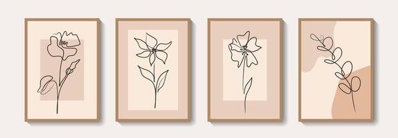 Botanical wall art set. Foliage and flower line art drawing with abstract shape for print, cover, wallpaper, poster. Trendy minimal wall art. illustration vector