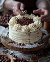 A pastry chef or patissier preparing delicious whole cake photo