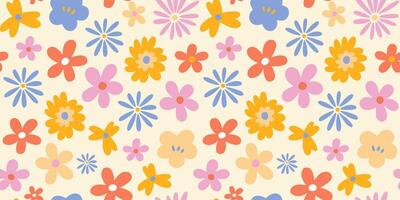 Abstract seamless pattern with vintage groovy daisy flowers. design y2k. 60s, 70s, 80s style vector