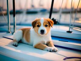 AI generated Cute puppy on a boat at the sea in summer photo