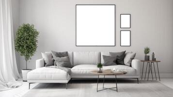 AI generated Living Room with a couch and mockup framed pictures photo