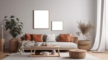 AI generated Living Room with a couch and mockup framed pictures photo