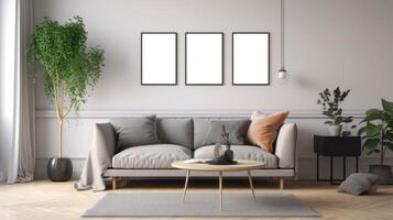 AI generated Living Room with a couch and mockup framed pictures photo