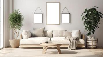 AI generated Living Room with a couch and mockup framed pictures photo