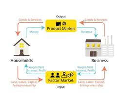 The circular flow model demonstrates how money moves through society in economics from household to business with product market and factor market vector