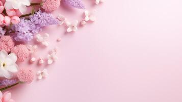 AI generated Spring flowers on pink background photo