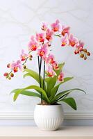 AI generated Pink orchids in a pot on a table photo