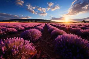 AI generated Lavender field in the summer with blue sky and clouds photo