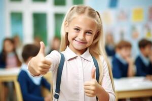 ai generado rubia colegio niña dando el pulgares arriba en un salón de clases foto