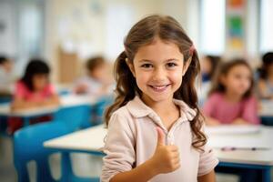 AI generated A school girl giving the thumbs up in a classroom photo