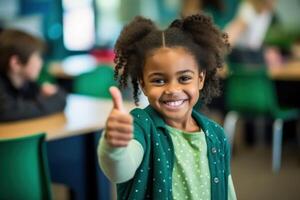 AI generated A school girl giving the thumbs up in a classroom photo