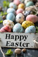 ai generado contento Pascua de Resurrección vistoso huevos con texto foto