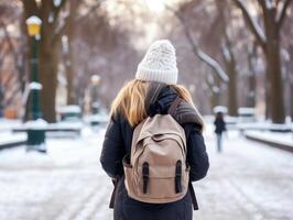 AI generated Woman with a backpack walking in the snow photo