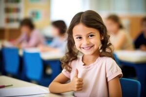 AI generated A school girl giving the thumbs up in a classroom photo