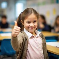 AI generated A brunette school girl giving the thumbs up in a classroom photo