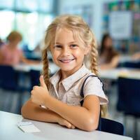 AI generated A blonde  school girl giving the thumbs up in a classroom photo