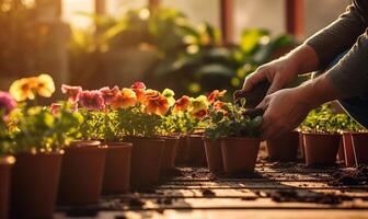 AI generated A person is planting flowers in pots photo