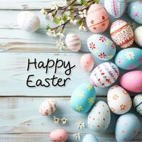 AI generated Happy Easter colorful eggs with text photo