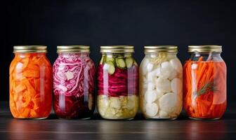 AI generated Vegetables in a jar with a black background photo